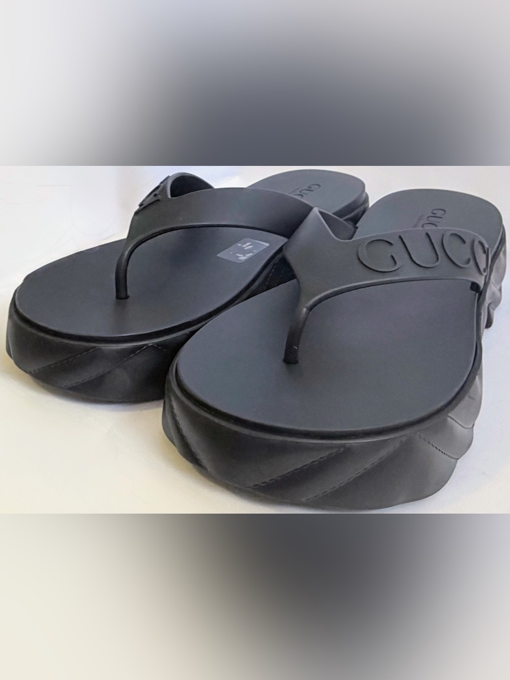 Gucci Black Rubber Logo Chevron Platform Thong Sandals Flip Flops EU 38